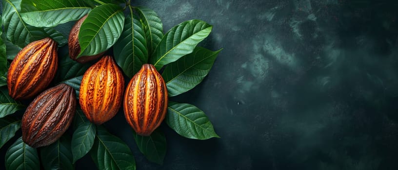 Cocoa fruits and green leaves on a dark background. Selective soft focus.