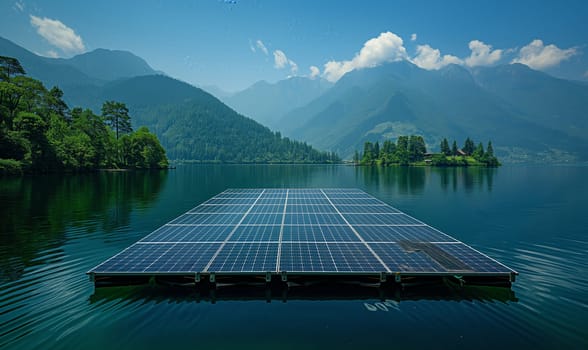 Floating solar panel system on a lake. Selective soft focus.