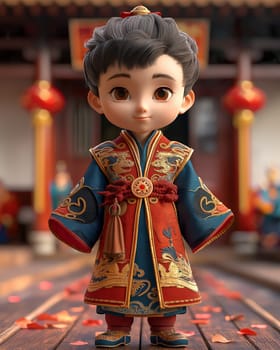 Cartoon, 3D boy in national traditional Asian attire. Selective focus.