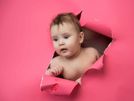 Cute Caucasian newborn baby boy peeks out of a hole in a paper pink background