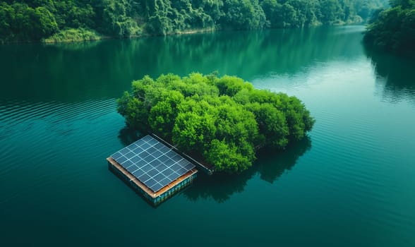 Floating solar panel system on a lake. Selective soft focus.
