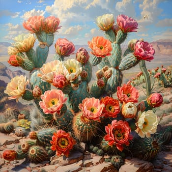 An image of a blooming cactus in the desert, showcasing the beauty of a flowering plant against the natural environment with a cloudy sky as a backdrop