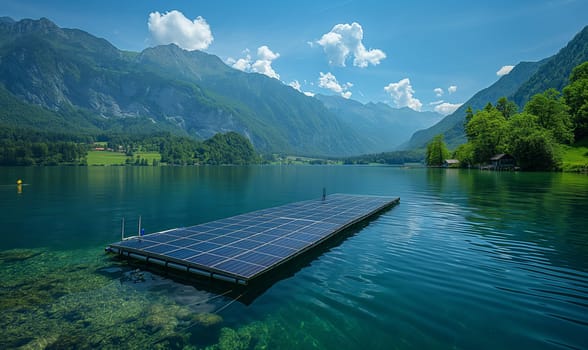 Floating solar panel system on a lake. Selective soft focus.