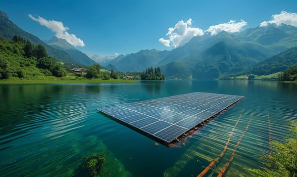 Floating solar panel system on a lake. Selective soft focus.