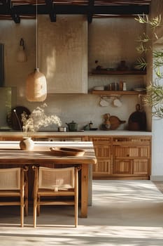 The kitchen features wooden cabinetry, a table and chairs, with a wood stain finish. The interior design includes a countertop and flooring to match the furniture
