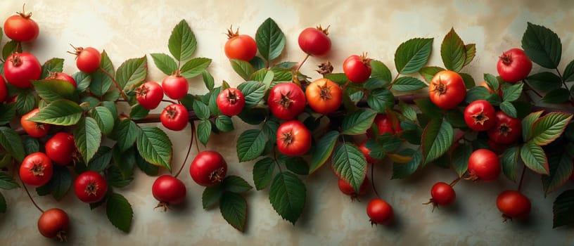 Red Berries and Green Leaves on Branch. Selective focus.