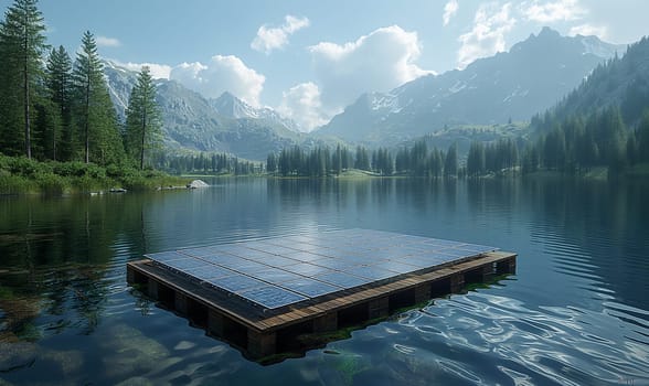 Floating solar panel system on a lake. Selective soft focus.