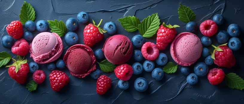 Ice cream with raspberries and blueberries. Selective focus.