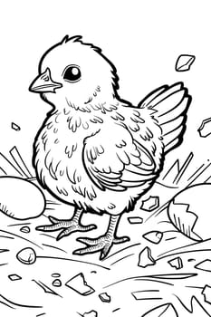 A monochrome drawing of a baby bird standing next to an egg, showcasing intricate details like its beak, feathers, wings, and tail, with a plant in the background