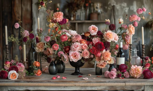 Floral arrangement of various flowers on the table. Selective focus