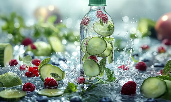 Glass Bottle Filled With Cucumbers and Berries. Selective focus.