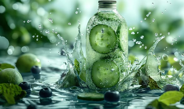 Glass Bottle Filled With Cucumbers and Berries. Selective focus.