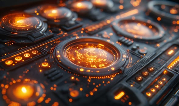 Futuristic Computer With Orange Lights. Selective focus.