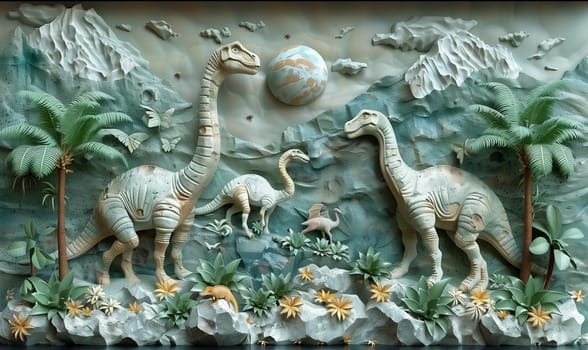 3d wallpaper, dinosaur made of stone on the wall. Selective soft focus.