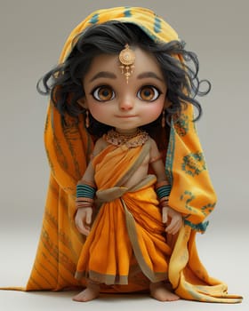 Cartoon, 3D girl in national traditional Indian attire. Selective focus