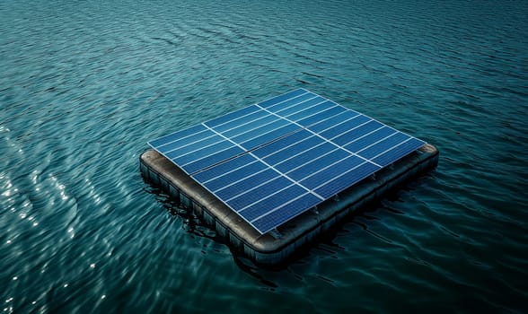 Floating solar panel system on a lake. Selective soft focus.