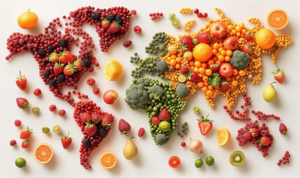 World map consisting of fruits and vegetables. Selective focus.