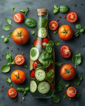 Glass Bottle With Cucumbers and Tomatoes. Selective soft focus.