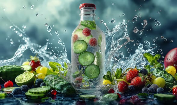 Glass Bottle Filled With Cucumbers and Berries. Selective focus.