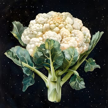 A beautiful painting of a cauliflower, a flowering plant and staple food, set against a black background. This versatile ingredient is a popular leaf vegetable in natural foods