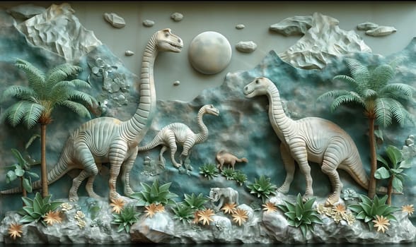 3d wallpaper, dinosaur made of stone on the wall. Selective soft focus.