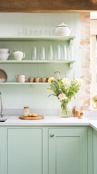 Mint cottage kitchen interior design, home decor and house improvement, English in frame kitchen cabinets in a country house interiors