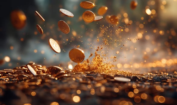 Bitcoin gold coins in dynamic movement. Selective soft focus.