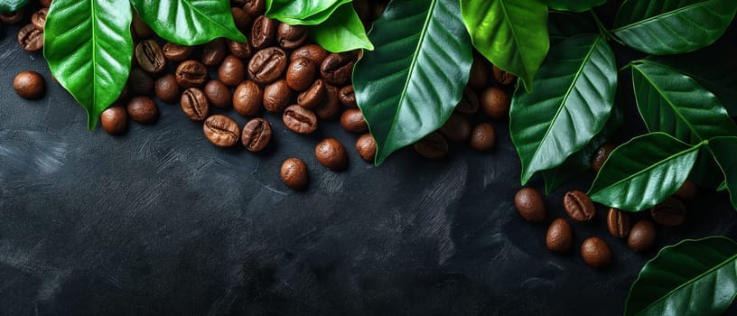 Coffee Beans and Leaves on Dark Background. Selective focus