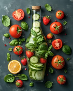 Glass Bottle With Cucumbers and Tomatoes. Selective soft focus.