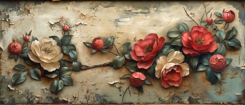 Vintage painting depicting large flowers with delicate leaves. Selective soft focus.