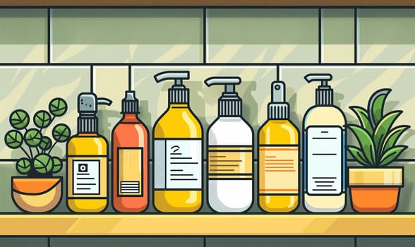 An illustration of various soap bottles. Selective soft focus.