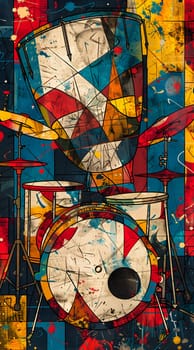 A vibrant painting of a drum set against a colorful background. The artwork features a symmetrical pattern of drums, with a red triangle as the focal point