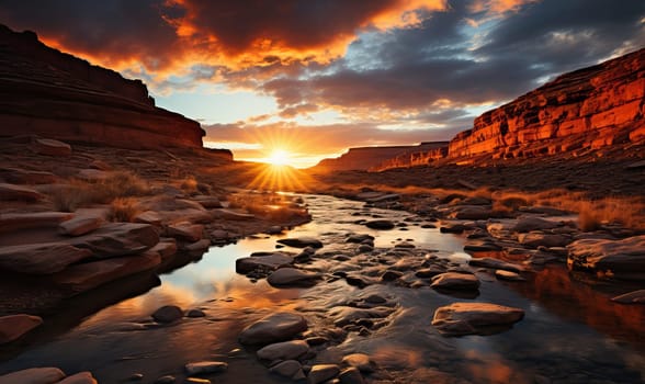 Sun Setting Over Mountain Stream. Selective focus