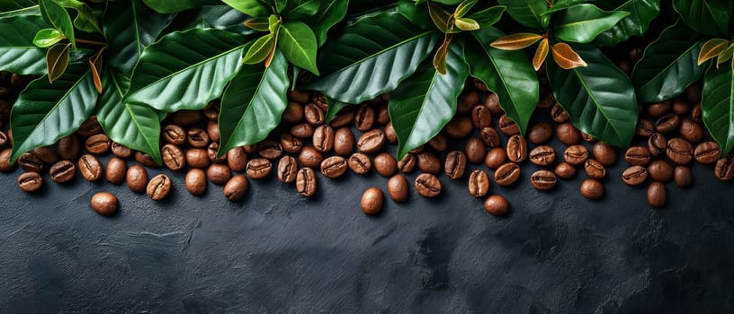 Coffee Beans and Leaves on Dark Background. Selective focus