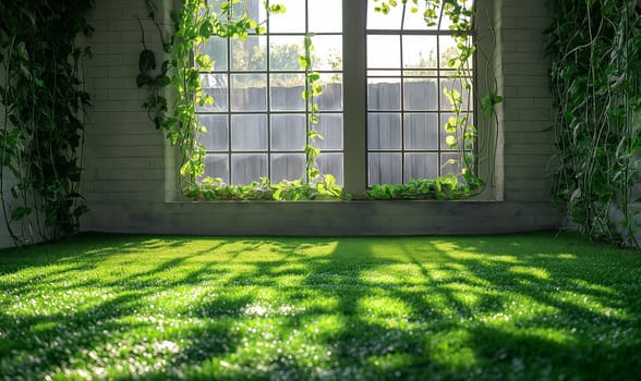 Room With Green Grass Floor and Window. Selective soft focus.