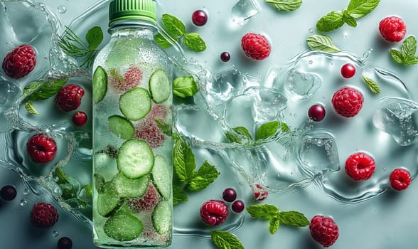 Glass Bottle Filled With Cucumbers and Berries. Selective focus.