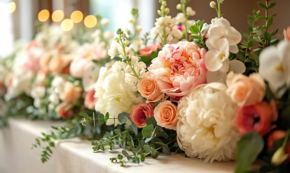 Floral arrangement of various flowers on the festive table. Selective focus