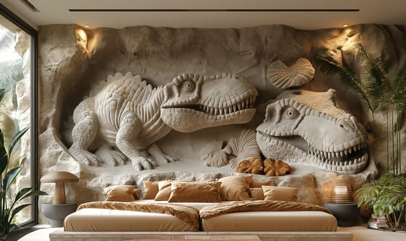 3d wallpaper, dinosaur made of stone on the wall in the room. Selective soft focus.