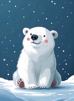 The Vertebrate, Polar bear, a Carnivore mammal, is sitting in the freezing snow, smiling. Its a terrestrial animal native to the Polar ice cap, not a toy