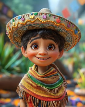 Cartoon, 3D boy in a sombrero and national dress. Selective focus.