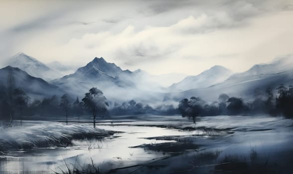 Charcoal sketch of a landscape with a mountain range. Selective soft focus.