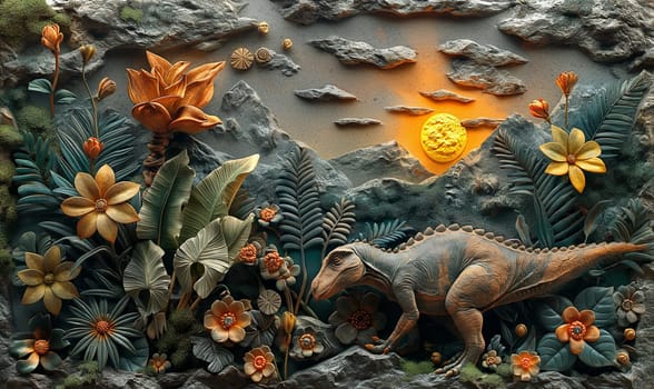 3d wallpaper, dinosaur made of stone on the wall. Selective soft focus.