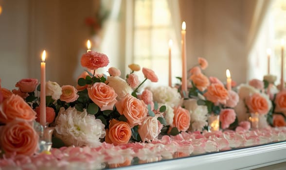 Floral arrangement of various flowers on the festive table. Selective focus