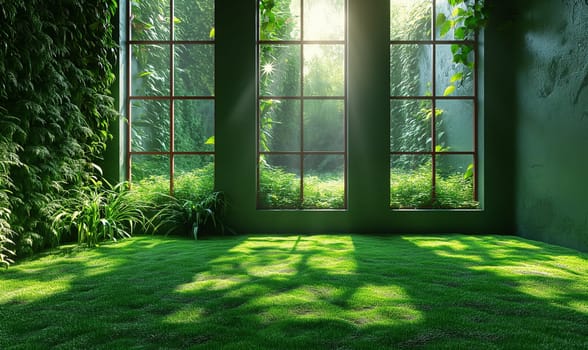Room With Green Grass Floor and Window. Selective soft focus.