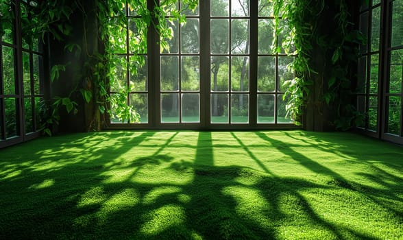 Room With Green Grass Floor and Window. Selective soft focus.