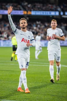 MELBOURNE, AUSTRALIA - MAY 22: James Maddison of Tottenham Hotspur after scoring against Newcastle United during the Global Football Week at The Melbourne Cricket Ground on May 22, 2024 in Melbourne, Australia