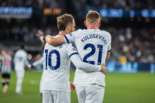 MELBOURNE, AUSTRALIA - MAY 22: James Maddison of Tottenham Hotspur after scoring against Newcastle United during the Global Football Week at The Melbourne Cricket Ground on May 22, 2024 in Melbourne, Australia