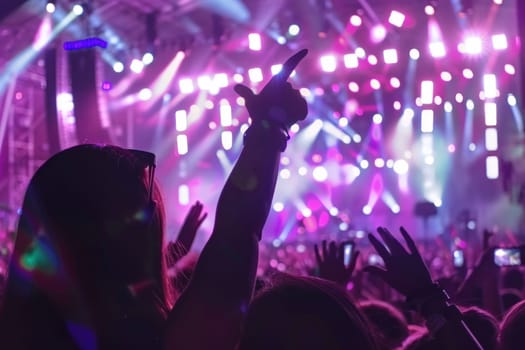 A crowd of people are at a concert, with their hands raised in the air.
