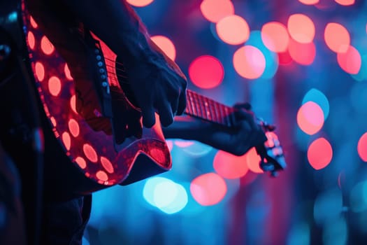 A man is playing a guitar in a city street.