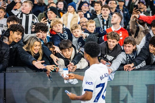 MELBOURNE, AUSTRALIA - MAY 22: Leo Black of Tottenham Hotspur meets fans after Newcastle United beat Tottenham Hotspur on penalties during the Global Football Week at The Melbourne Cricket Ground on May 22, 2024 in Melbourne, Australia